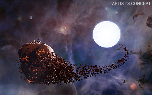  An artist's concept of a planet that has approached too close to a white dwarf and been torn apart by tidal forces from the star.