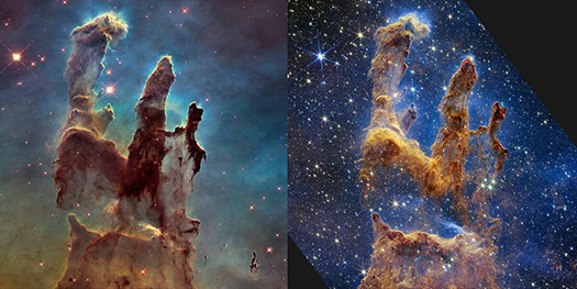 Two images of the Pillars of Creation, a star-forming region in space. At left, Hubble’s visible-light view shows darker pillars that rise from the bottom to the top of the screen, ending in three points. The background is opaque, set off in yellow and green toward the bottom and blue and purple at the top. A handful of stars of various sizes appear. Webb’s near-infrared image at right shows the same pillars, but they are semi-opaque and rusty red-colored. The peaks of the second and third pillars are set off in darker shades of brown and have red outlines. The background is cast in darker blues and blacks, and stars in yellow and white of all sizes speckle the entire scene.