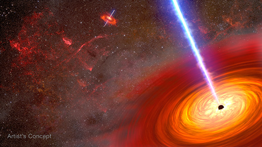 artist's depiction of a pair of active black holes at the heart of two merging galaxies.